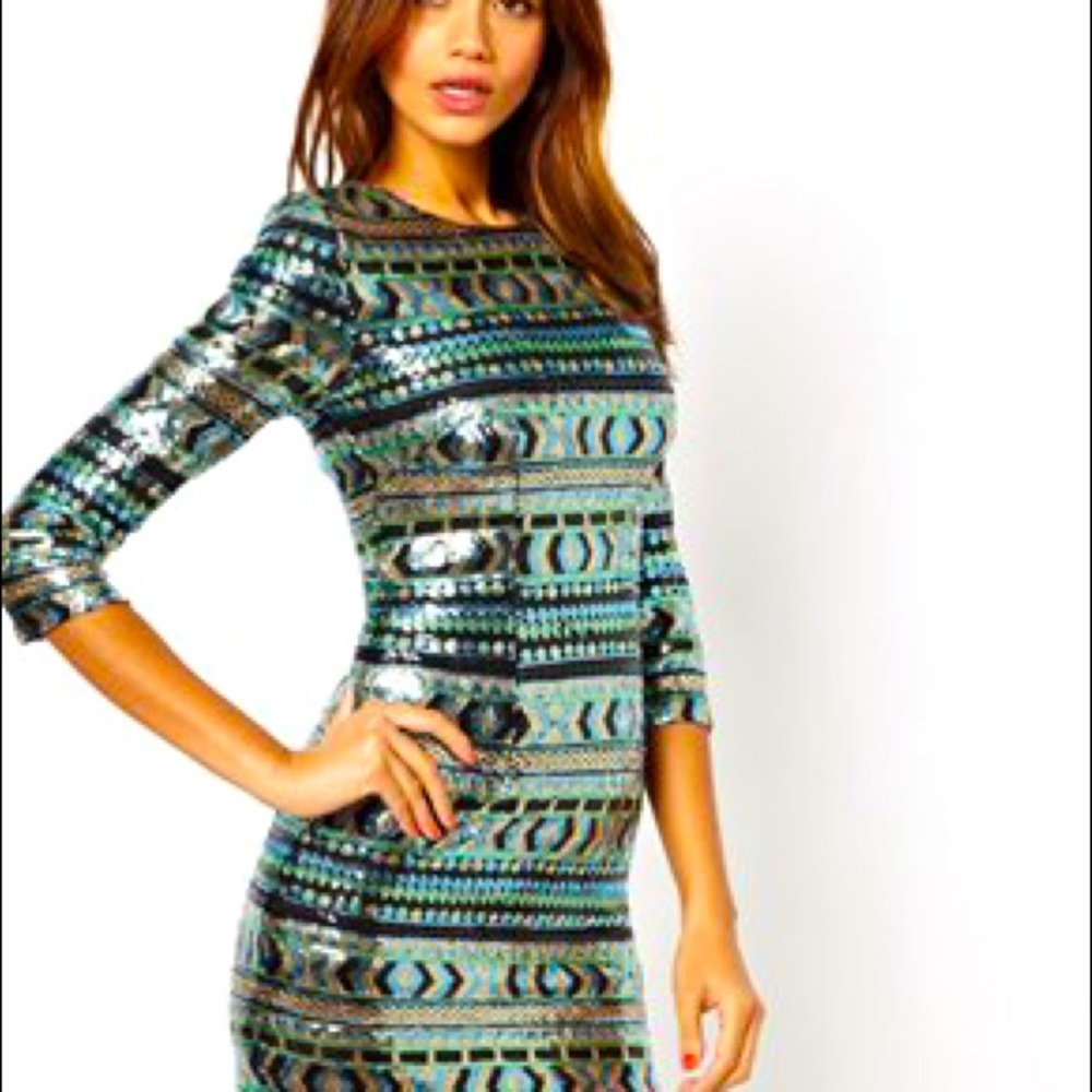 TFNC LONDON GREEN AZTEC SEQUIN DRESS